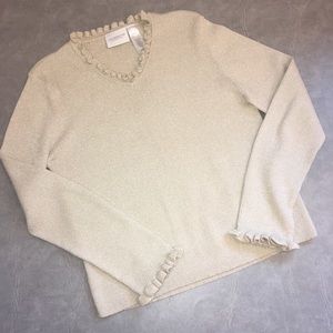 Vintage Liz Claiborne Gold Sparkly Ruffle Edge Lightweight V-neck Sweater